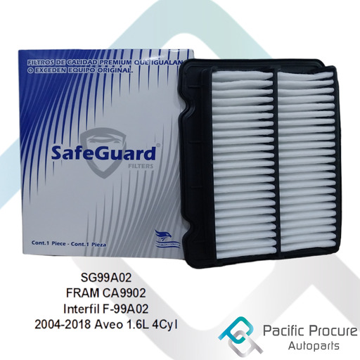 [SG99A02 A 11] Filtro Aire SafeGuard, para Chevrolet Aveo 2004-2018 1.6L 4Cyl